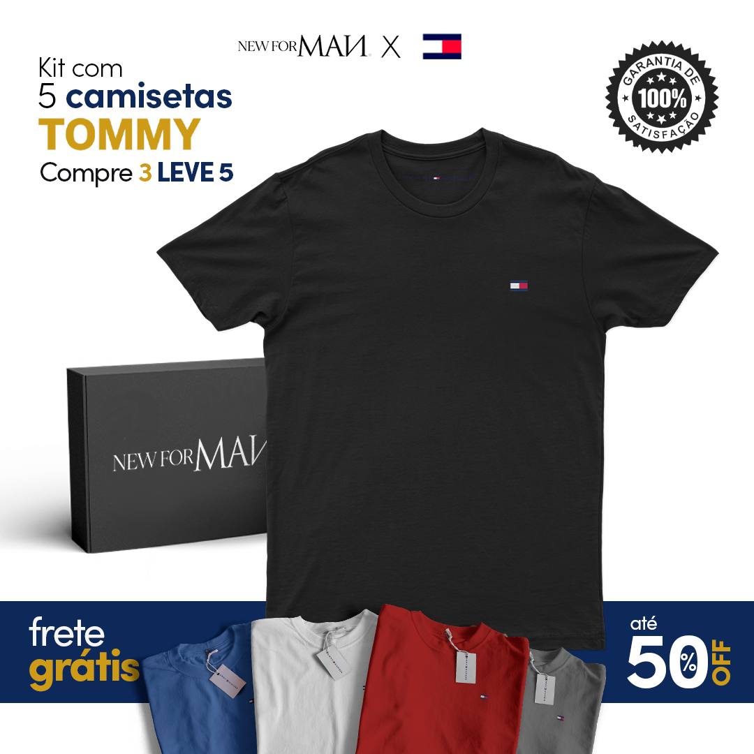 Kit 5 Camisetas Tommy H. (Compre 3 Leve 5) + Pack com 3 Cuecas Boxer de Brinde
